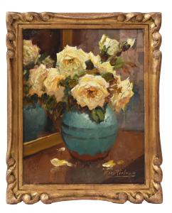 ALTRO XVII SECOLO, PICCOLA NATURA MORTA CON FIORI DI ROSE GIALLE, OLIO SU TELA, XX SECOLO. (QF719)